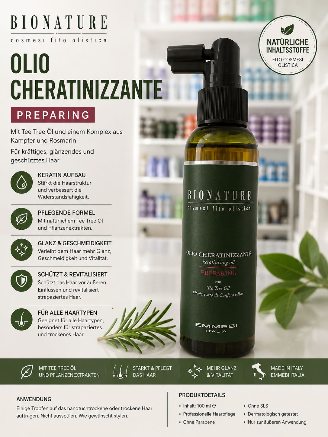 Emmebi BIONATURE Olio Cheratinizzante Preparing–Keratinisierendes Haaröl 125 ml