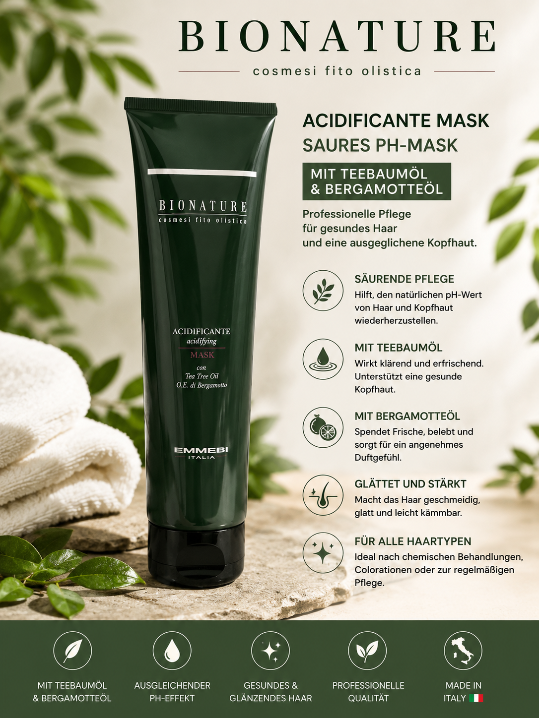 EMMEBI BIONATURE Acidificante Mask–Saure pH-Haarmaske mit Teebaumöl & Bergamotöl 200ml