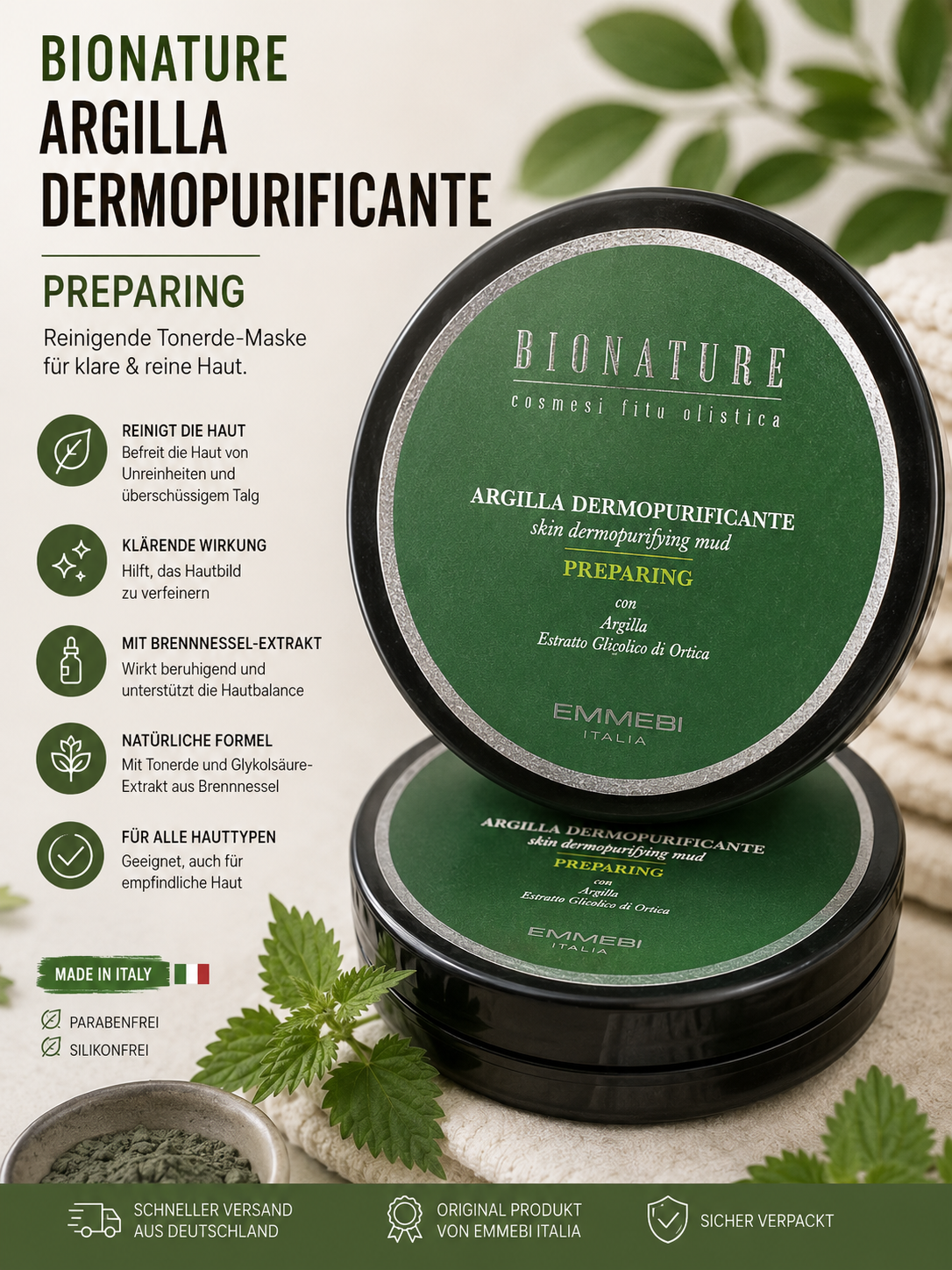 Emmebi BIONATURE Argilla Dermopurificante Preparing–Maske 300 ml